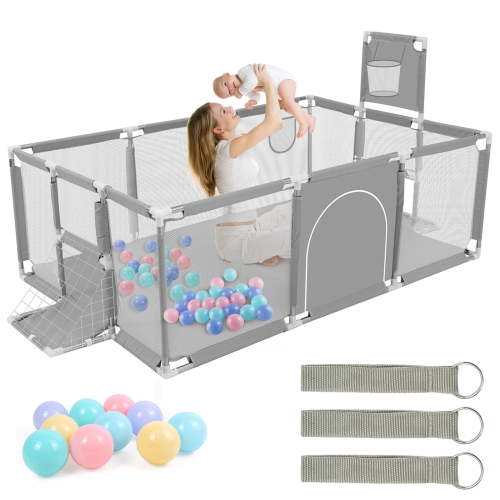 Extra Large Playpen For Toddlers, 71 Inch Baby Playpen With Basketball Hoop, No Gap Kids Playpen Fence Play Area With Door/Soccer Net, Ball Pits For Toddlers, Infant Safety Gates(No Balls)