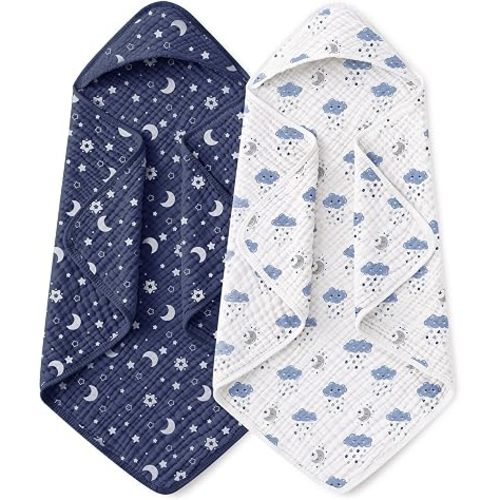 Yoofoss Hooded Baby Towels for Newborn 2 Pack 100% Muslin Organic Cotton Baby Bath Towel with Hood for Babies, Infant, Toddler and Kids, 32x32Inch, Soft and Absorbent Newborn Essential, Blue Clouds
