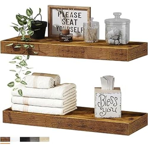 QEEIG Bathroom Shelves Floating Shelves for Wall Shelf Over Toilet Small Wall Mounted Farmhouse Decor 16 inch Set of 2, Rustic Brown (008-40BN)