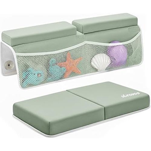UBRAVOO Baby Bath Kneeler with Elbow Rest Pad, Non-Slip Foam Mat, Quick-Drying Cushion, Foldable Bathtub Support with Toy Storage Pockets for Parents (Green)