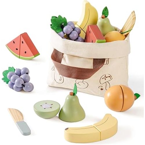 ROBOTIME Wooden Play Food Cutting Fruit Set, Pretend Play Toy Food for Play Kitchen with Shopping Bag – Kids Kitchen Accessories, Wooden Fruit Toys for Kids Boys Girls
