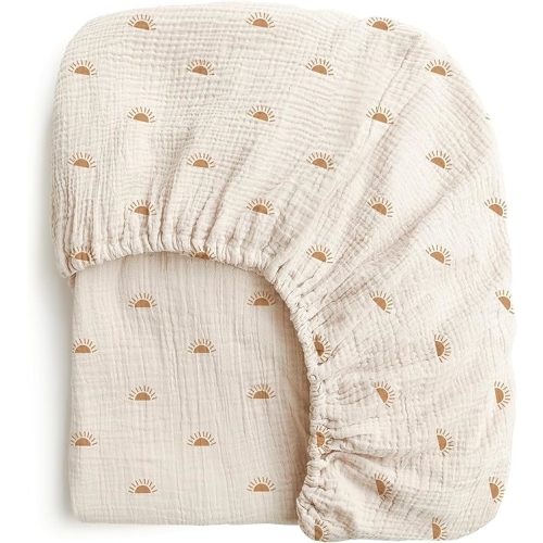 Konssy Muslin Fitted Crib Sheets 100% Cotton Baby Crib Sheets for Standard Crib Mattress (28 X 52 Inches), Soft and Breathable for Boys, Girl (Sun) - Sun Pattern