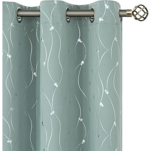 BGment Room Darkening Curtains 63 Inches Long, Grommet Thermal Insulated Blackout Curtains with Wave Line and Dots Printed for Bedroom, 2 Panels, Each 38 x 63 Inch, Frosty Green