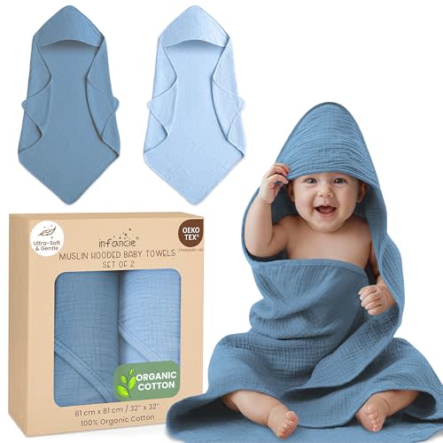 infancie Organic Cotton Muslin Baby Hooded Towels - 32x32 Inch, 2 Pack Newborn Bath Towels for Boys & Girls, Soft & Absorbent Bath Set (Deep Blue/Aquarius)