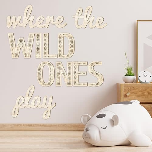Where the Wild Ones Play Nursery Sign Wooden Playroom Wall Decor Playroom Decoration Word Play Sign for Wall Plaques(23 Inch,Wood Color)