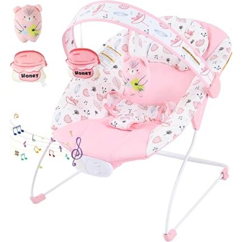 Portable Baby Bouncer Seat with 8 Melodies, 3 Vibration Levels & Adjustable Volume, Foldable Infant Bouncer Rocker with Safety Harness for Baby 0-6 Months, Indoor & Outdoor Use BR2402