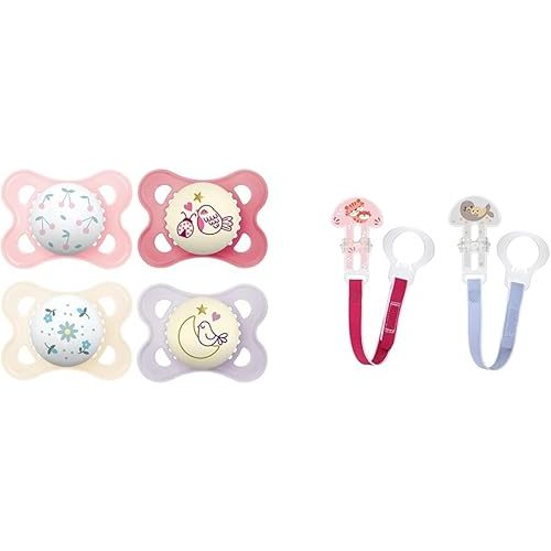 Original + Night 4-Pack, 0-6M Girl Pacifiers + 2 Count MAM Pacifier Clips for Baby Girls