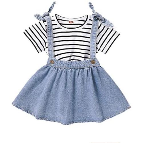 Baby Twins Clothes Toddler Baby Girls Striped Print T-shirt Tops+Suspender Denim Skirts Outfits