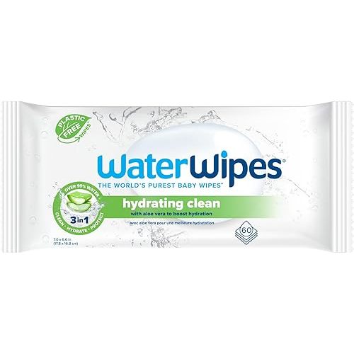 WaterWipes Hydrating Clean Baby Wipes, 99% Water-Based Formula with Aloe Vera to Hydrate & Clean Skin, Unscented & Hypoallergenic, 60 Count (1 Pack)