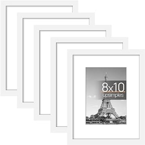 upsimples 8x10 Picture Frame Set of 5, Display Pictures 5x7 with Mat or 8x10 Without Mat, Wall Gallery Photo Frames, White