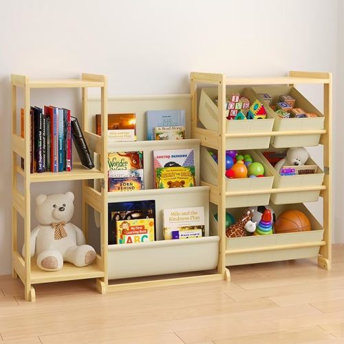 Kids Bookshelf and Toy Storage Organizer with 3-Tier Book Display and Shelves, Kids Toy Organizers and Storage with Bins, Book Shelf for Kids Rooms, Playroom Decor for Toddler Bedroom Nursery
