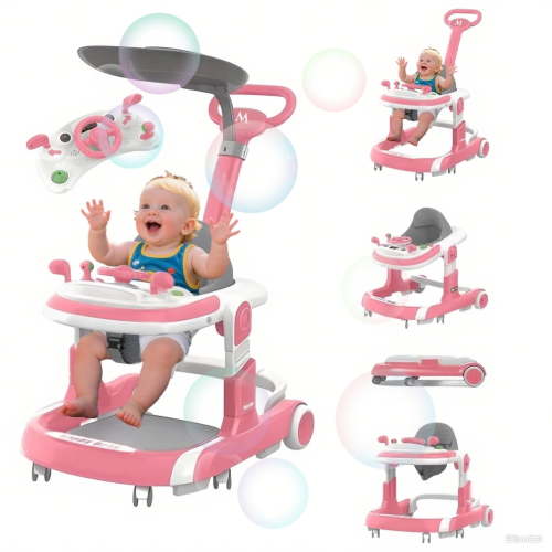 MINGYI 4-in-1 Baby Walker - Multi-functional, Height Adjustable, Foldable Design (Pink)