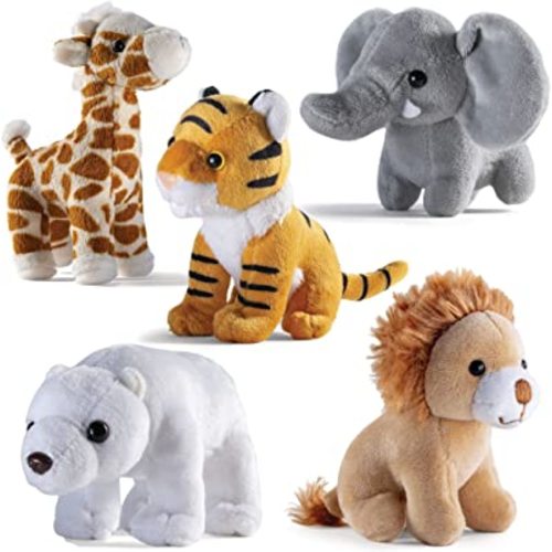 PREXTEX Safari Friends Stuffed Animal Gift Set - 5 Small Plush (Giraffe, Tiger, Lion, Polar Bear, Elephant) Zoo Animals - Machine Washable Stuffed Animals for Boys & Girls Ages 3-5+