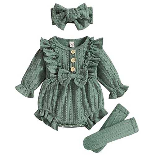 GRNSHTS Newborn Baby Girl Clothes Ruffle Solid Sweater Long Sleeve Romper+Hairband+Socks 3Pcs Fall Winter Outfits