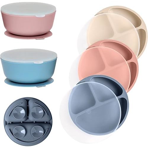 WeeSprout 3 Silicone Suction Plates with Lids & 3 Bowls Bundle for Toddler Feeding - Divided Design - Microwave & Dishwasher Safe - for Babies & Kids
