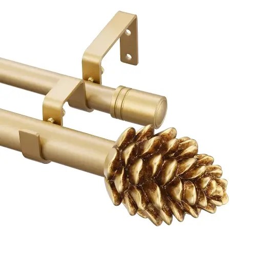 Gold Double Curtain Rods 66 to 120 Inches 6/8 Inch +1 Inch Telescoping Drapery Rod for Windows With Brackets & Finials,Window Treatment Curtain Rod Set
