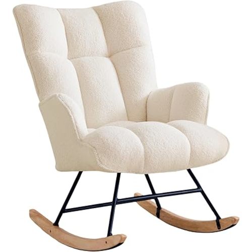 Zedachica Rocking Chair Nursery Teddy Upholstered Glider Rocker Rocking Accent Chair with High Back Comfy Nursery Chair for Living Room Bedroom (Ivory Teddy)