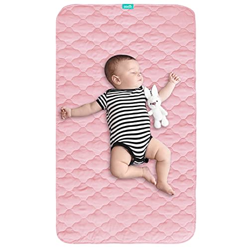 Waterproof Crib Mattress Protector Pad Cover 28" x 52", Anti Slip & Absorbent Waterproof Bed Pads for Standard Crib/Toddler Bed Quilted Machine Washable (Quilted Improved Thickness) Pink
