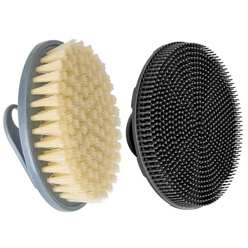 INNERNEED Food-Grade Soft Silicone Body Scrubber Shower Brush Handheld Cleansing Skin Brush, with PP Shower Brush for Exfoliating, Cellulite Treatment