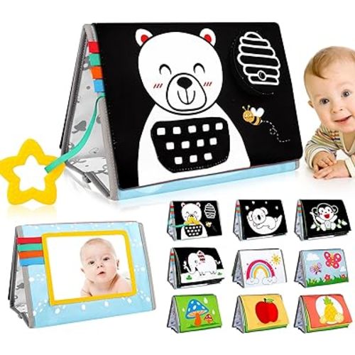 Tummy Time Mirror Baby Toys 0-6 Months - Infant Toys Black and White High Contrast Baby Crinkle Toys 0-3 Months with Teether - Montessori Newborn Brain Development Sensory Toys for Babies