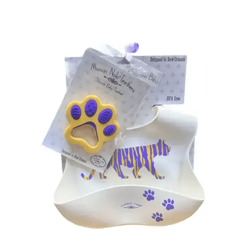 LSU Tiger Baby Gift Bundle | Silicone Bucket Bib and Teether