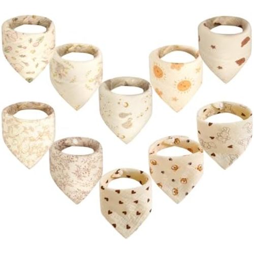10pcs Soft & Absorbent Muslin Drool Bibs with Snap Closure, Cotton Bibs for Boys & Girls, Gentle on Skin