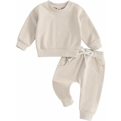 MAYUMMPY Baby Boys Girl Solid Color Outfit Sweatsuit Crewneck Sweatshirt Sweatpants Pants Set Fall Winter Clothes - 0-6 Months - Apricot