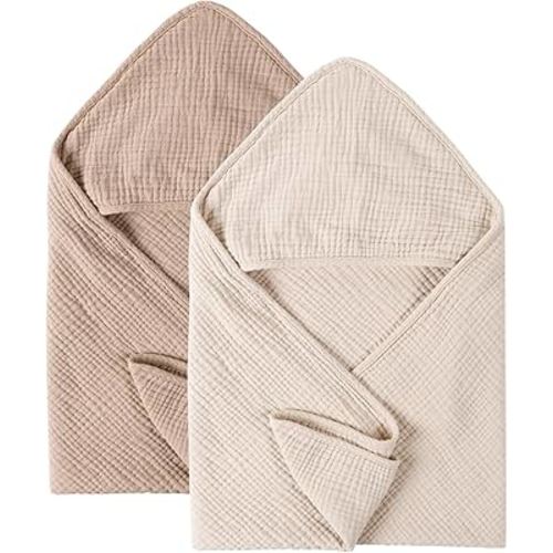 Konssy 2 Pack Muslin Hooded Baby Towels for Newborn Soft 100% Cotton Baby Bath Towel with Hood for Baby, Infant Ultra Absorbent, Baby Stuff Baby Bath Shower Gifts (Cream, Camel,30" x 30")