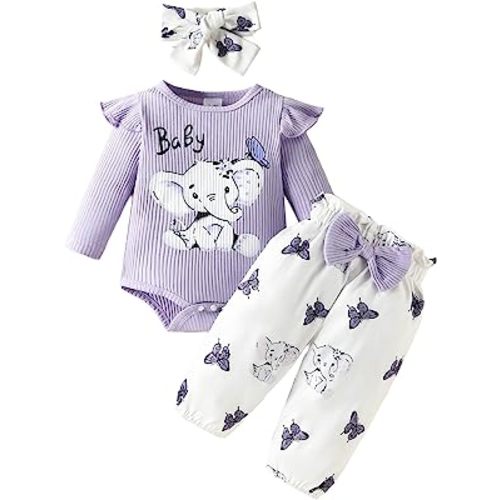 Newborn Baby Girl Clothes Elephant Outfit Ruffle Long Sleeve Ribbed Romper Top Cute Bow Pants Set with Headband