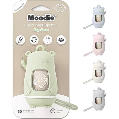 Teddy Bear Diaper Bag Dispenser | Diaper Trash Bags on the Go Dispenser w/Silicon Strap | 15 UNSCENTED Baby Poop Bags per Roll | Dirty Diaper Bags Disposable | Diaper Waste Bags (SAGE GREEN)