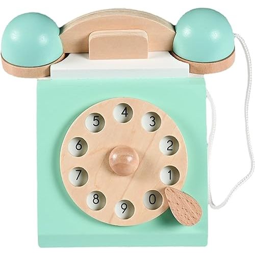 Retro Phone Classic Wooden Realistic Vintage Pretend Play Toy Telephone Interactive for Kids