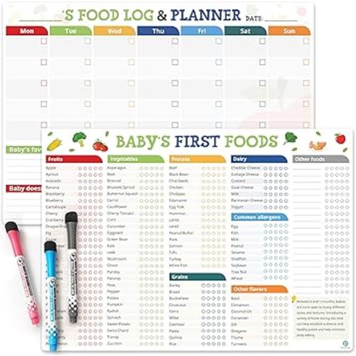 POCAZONE Set of 2 Baby First Foods Tracker Fridge Magnet, Nutrition Poster, Daily Food Log Meal Planner Checklist, 101 Foods Before 1 Checklist Magnet, Dry Erase Whiteboard for Refrigerator included 3 Markers