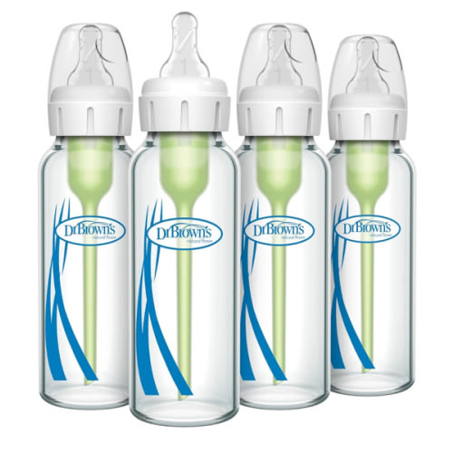 Dr. Brown's Natural Flow Anti-Colic Options+ Narrow Glass Baby Bottle 8 oz/250 mL, with Level 1 Slow Flow Nipple, 4 Pack, 0m+