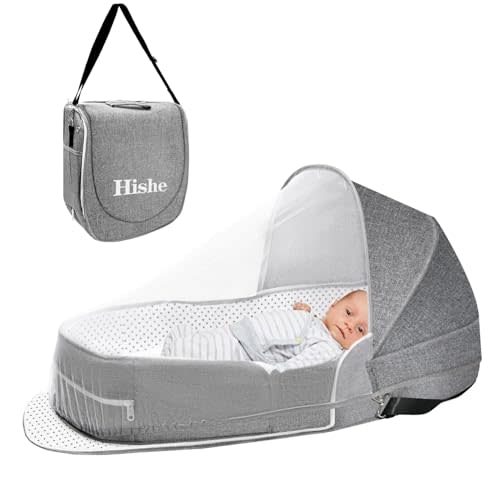 Hishe Baby Travel Bassinet Portable Bassinets: Foldable Lightweight Travel Pod Infant Bassinet with Mosquito and Canopy Outdoor Newborn Essentials Gift