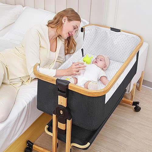 Baby Bassinet, 3 in 1 Bedside Crib for Newborn, 6 Height Adjustable & Easy Folding & with Mosquito Net & Storage Basket & Wheels