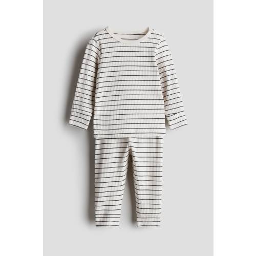 Ribbed Cotton Set, Round Neck, Long sleeve, White/striped