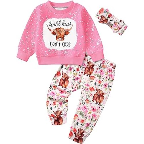 Toddler Girl Clothes Wild Hair Don't Care Highland Cow Sweatershirt Pants Headband 3Pcs Western Cowgirl Outfit
