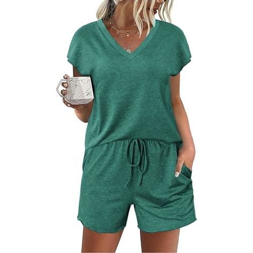 Ekouaer Women's Pajamas Short Sleeve Summer Pj Set V Neck 2 Piece Loungewear Sleepwear S-XXL