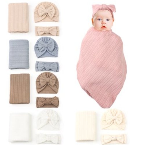 Baby Swaddle Set Newborn - Receiving Headband Blankets and Bow Hat,Newborn Essentials, Soft Nursery Swaddling Blankets，Stretchy Baby Blankets for Girls and Boys Unise