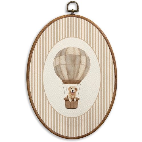 SONMYSULIL Golden Retriever Hot Air Balloon Nursery Wall Art Decor, Dog Kids Room Oval Wall Hanging Decor, Golden Retriever Gifts Framed Canvas Prints for Kids Nursery Bedroom Playroom, 8.6x11.4 Inch