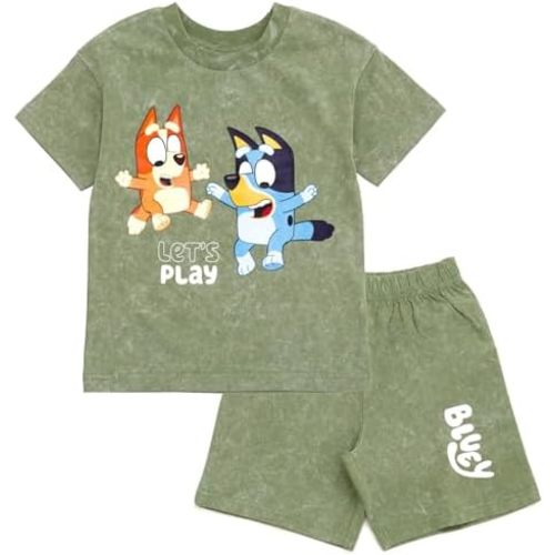 Bluey Vintage Wash Drop Shoulder T-Shirt and Shorts Outfit Set Toddler to Big Kid Sizes (2T - 10-12)
