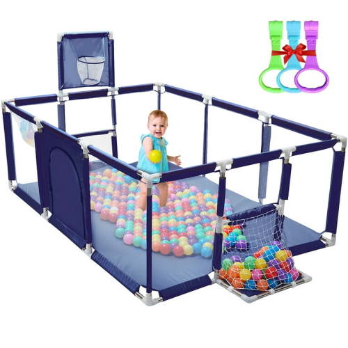 Olizee Large Kids Play Yard for Children, Portable Safety Playpen with Basketball Hoop, Breathable Mesh, Blue
