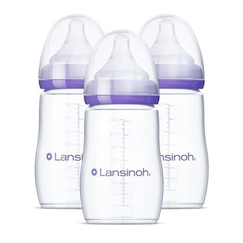 Lansinoh Anti-Colic Baby Bottles, BPA-Free Plastic, 8 Ounces, 3 Count, Medium Flow Nipples (Size M), Breastfeeding Bottle with NaturalWave Design, Baby Essentials