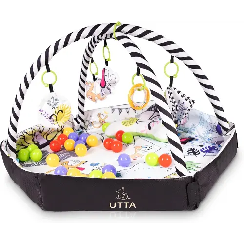 4-in-1 Baby Activity Center and Play Mat – Includes 30 Ocean Balls & 5 Toys – Soft Washable Floor Gym for Newborns & Toddlers – Ball Pit, Tummy Time, Crawling, Sit & Play – Baby Gift Idea