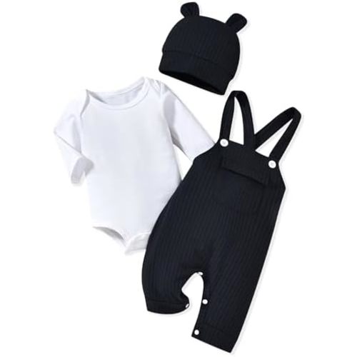 HINTINA Newbrn Baby Boy Clothes Long Sleeve Bodysut Bib Overall Pants Set With Hat Fall Winter Outfits