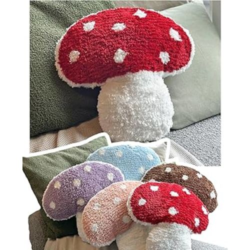 Mushroom Throw Pillow Tufted Mushroom Shape Decorative Cushion 15” x 15” – Mushroom Decor for Bed, Couch, Living Room (Red)