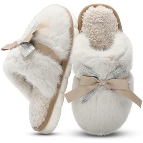 Cute Women's Memory Foam House Slippers - Fuzzy Plush Faux Fur Slippers with Bow Butterfly Tie - Anti-Skid Indoor/Outdoor Gifts for Women, Moms & Ladies