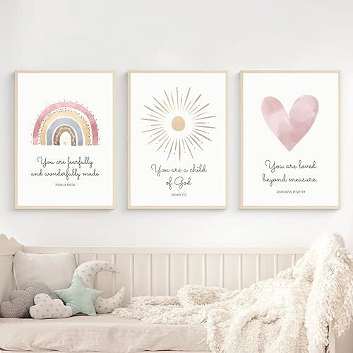 Nursery Bible Verse Wall Art,Christian Nursery Wall Art Bible Verse Canvas Wall Decor Boho Watercolor Sunshine Rainbow Heart Canvas Poster Prints for Girl Baby Kid Room Decor No Frame
