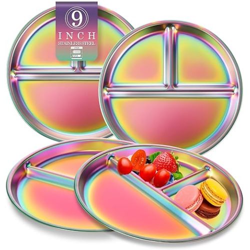 9" Stainless Steel Toddler Plates Set of 4, Divided Plate for Kids & Baby, Non Toxic Unbreakable Dishes Dinnerware Adults Portion Control Snack Container, Colorful Meal Time Chums