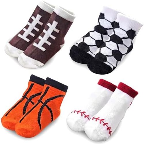 FANCYKIDS Unisex Baby Girls Boys Sports Themed Basketball Soccer Football Baseball Socks (Set of 4 Pairs)